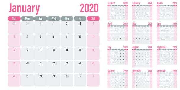Календарь планировщик 2020 шаблон векторной иллюстрации все 12 месяцев недели начинается в воскресенье и указывать выходные в субботу и воскресенье
 - Вектор,изображение