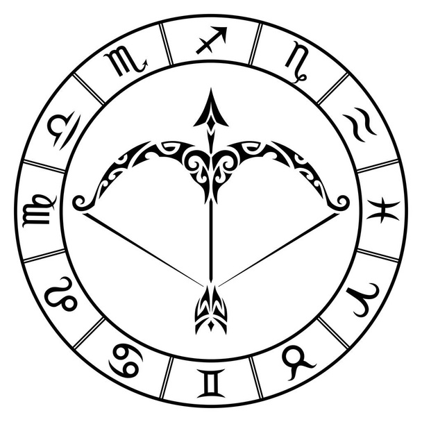Zodiac znamení sagittarius a kruhové souhvězdí ve stylu maori tetování. Černá na bílém pozadí vektorové ilustrace izolované. - Vektor, obrázek