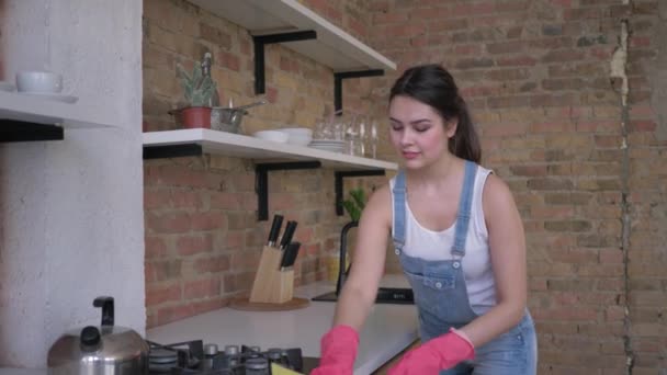 portrait de femme au foyer souriante dans des gants en caoutchouc pendant le nettoyage général des tâches ménagères et de cuisine
 - Séquence, vidéo
