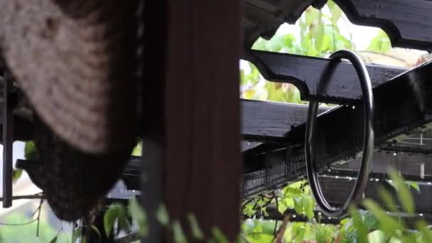 silný déšť na dřevěné zahradní ornament v panning pohybu výstřel - Záběry, video