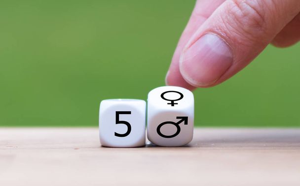 Symbol pro rovnost pohlaví. Kostky tvoří výraz 50 / 50 whi - Fotografie, Obrázek