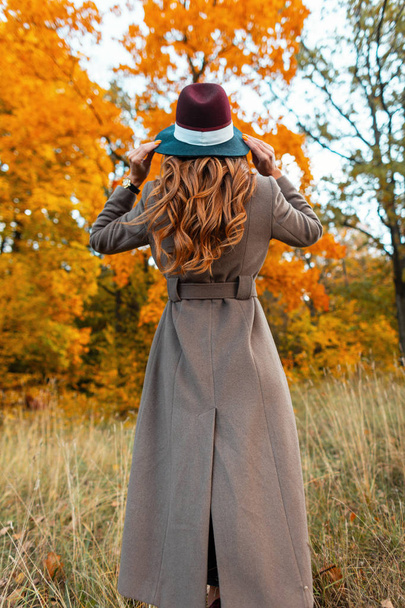 Bir sonbahar parkında, turuncu yapraklı ağaçların arasında zarif bir şapkayla şık bir saç stiline sahip şık bir genç kadının arka planı. Modern kız ormanda yürüyor.. - Fotoğraf, Görsel