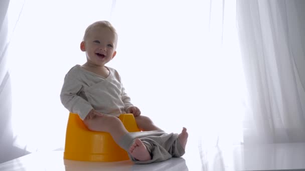 baby hygiene, laughing nice infant sitting on chamberpot in bright room - Footage, Video