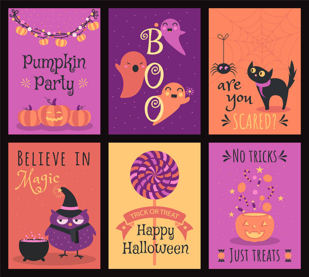 Lindos dibujos animados coloridos tarjetas vectoriales de Halloween con calabazas, fantasmas, araña, gato negro, búho, golosinas y jack-o-linterna
. - Vector, imagen