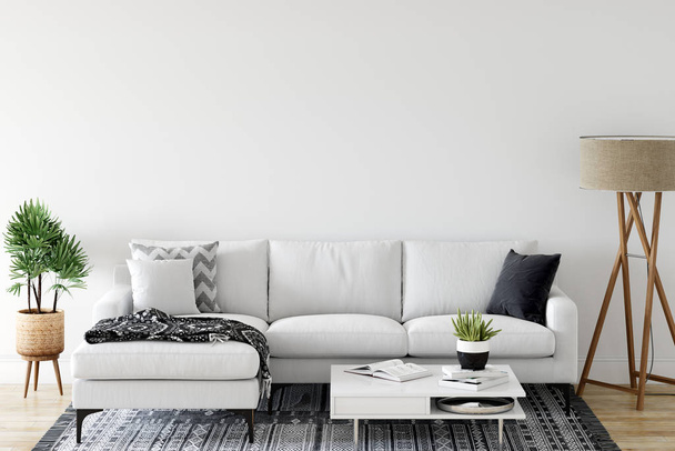 Wall mock up in living room. Scandinavian interior. 3d rendering, 3d illustration - Zdjęcie, obraz