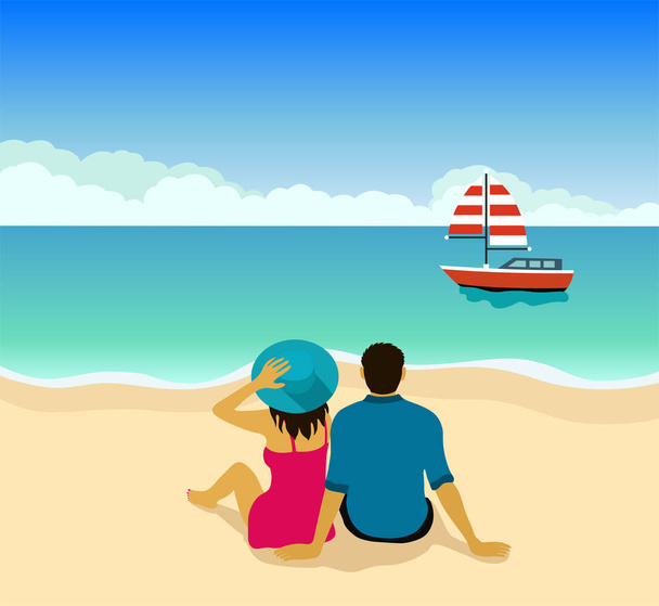 Illusztráció a romantikus pár élvezze a nyarat a strandon, kilátással a hajó vektor illusztráció. - Vektor, kép
