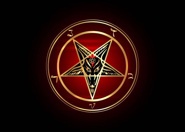 O Sinal de Ouro do Pentagrama de Cabra original de Baphomet em um símbolo satânico sangrento, vetor isolado ou preto e vermelho escuro
  - Vetor, Imagem
