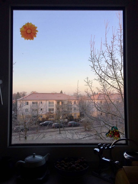 The kitchen window with a view of three-story apartment buildings and parked cars covered with hoarfrost at dawn - 写真・画像