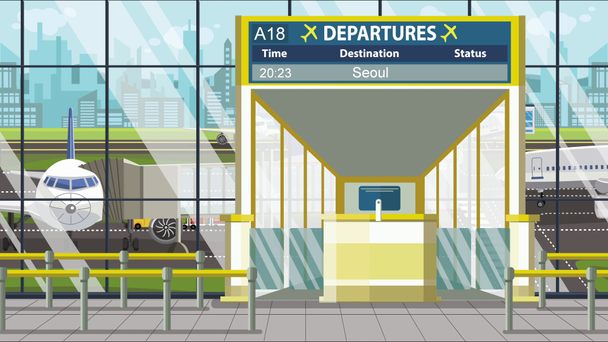 Luchthaventransport. Vertrekbord met Seoul tekst. Reizen naar Zuid-Korea gerelateerde loopable cartoon animatie - Video
