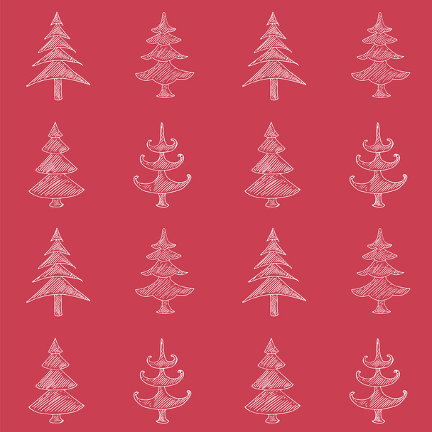 A fenyőfa végtelen mintázata. Fehér stilizált karácsonyfa piros művészet design elemek stock vektor illusztráció web, nyomtatáshoz, tapéta, csomagolópapír - Vektor, kép