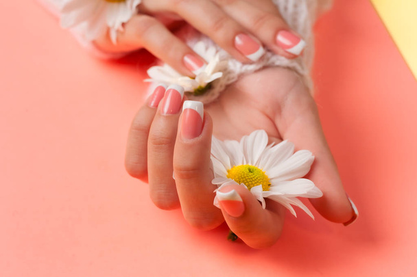 Slender young hands hold flowers, with a thin wrist, clean skin and French manicure. Flat lay photo, with place for text. - Фото, зображення