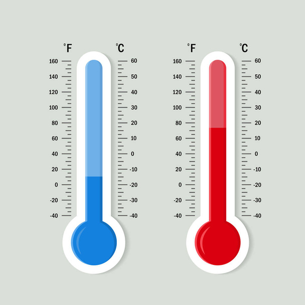 Flat meteorology thermometers scale. Hot, cold temperature icon. Accuracy meteorology fahrenheit and celsius scales. Measuring equipment for weather temperature. vector isolated - Vector, afbeelding