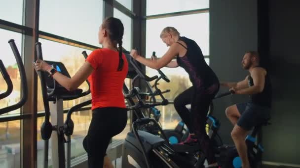 Jonge fitte vrouw met een ellipsentrainer in een fitnesscentrum. Een groep jonge vrouwen traint op sporttrainingstoestellen in een fitnessruimte. Steady cam schot. - Video