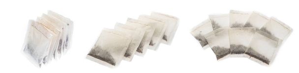 Colagem com sacos de chá preto isolado no fundo branco
 - Foto, Imagem