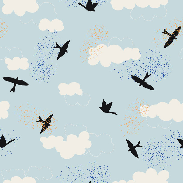 Black birds silhouette and white clouds with blue sky. Seamless repeat pattern for wallpaper, background and textile design. Vector illustration. - Vector, Imagen