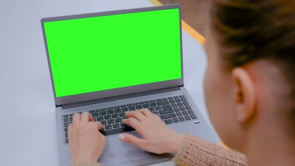 Kobieta wpisując na klawiaturze komputera przenośnego z pustym zielonym ekranie w kawiarni - Materiał filmowy, wideo