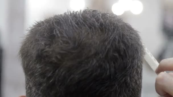 Miesten kampaus parturissa. Lähikuva mestari leikkaa miehen mustat hiukset saksilla
. - Materiaali, video