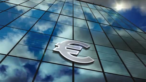Euro symbol currency on glass skyscraper. Time lapse sky and sun rays mirrored in building facade. Finance, European Union, banking and money concept in loopable and seamless 3D rendering animation. - Footage, Video