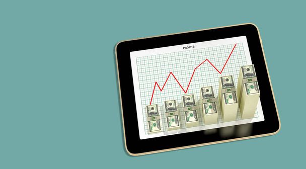 tablet - dollar bar graphs showing profit grow - 3d rendering - Foto, Bild