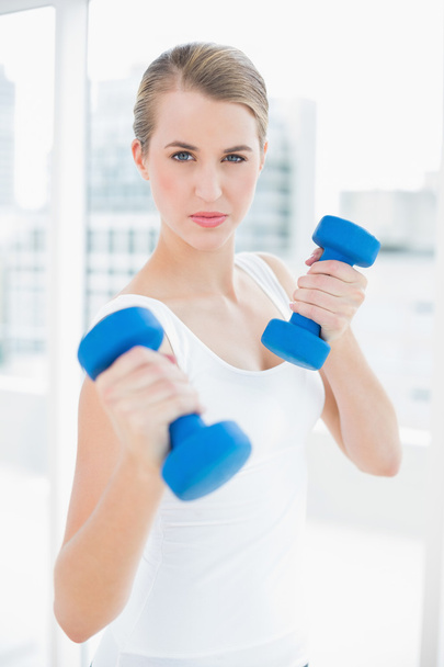 Sporty pretty woman exercising with dumbbells - Foto, imagen