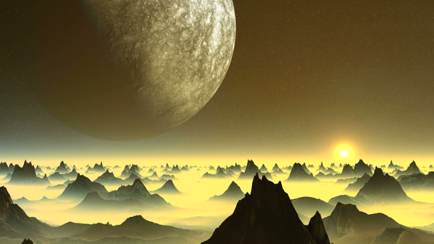 Buitenaardse planeet en zonsopgang. Donkere kliffen staan te midden van dikke gele mist. Boven de horizon enorme planeet (maan). De felle zon komt langzaam op. - Video