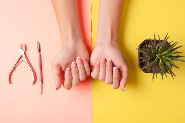 Bonita manicura francesa ordenada en las manos de una joven. Herramienta para cortar clavos. Concepto de minimalismo para el cuidado de uñas
. - Foto, imagen