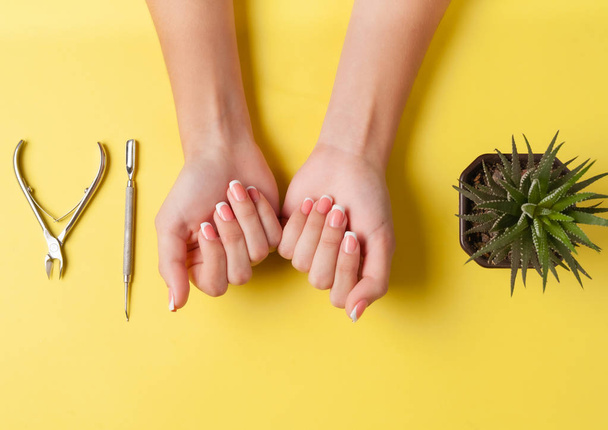 Bonita manicura francesa ordenada en las manos de una joven. Herramienta para cortar clavos. Concepto de minimalismo para el cuidado de uñas
. - Foto, Imagen