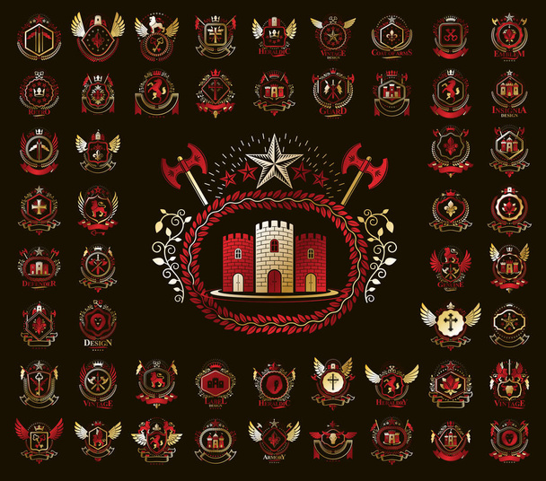 Vintage heraldic emblems vector big set, antique heraldry symbol - Vector, Image