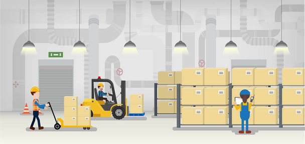 Warehouse in process with workers working flat design vector illustration - Vector, Image