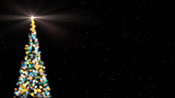 Kerstboom met stralend licht, vallende sneeuwvlokken en bokeh - Video