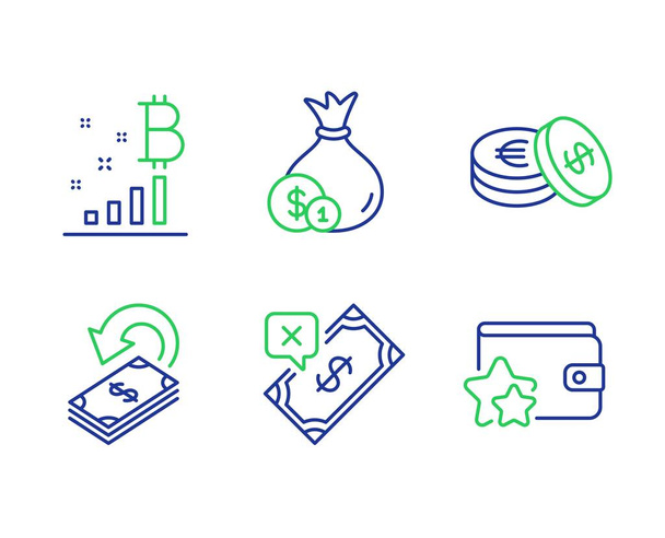 Graphique Bitcoin, Paiement rejeté et icônes Cashback ensemble. Épargne, espèces et fidélité signe le programme. Vecteur
 - Vecteur, image