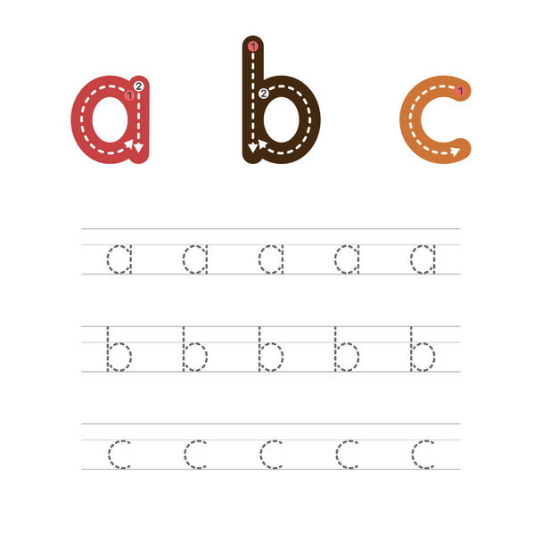 Learning to write a letter - A,B,C. A practical sheet from a set of exercises for the development and education of children. Writing a letter from the English alphabet. Vector illustration. - Вектор,изображение