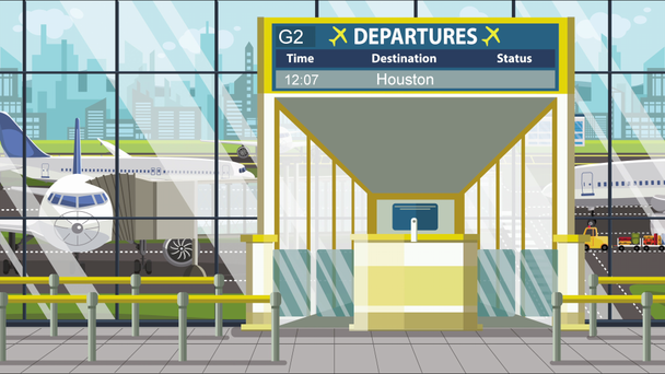 Terminal dell'aeroporto. Scheda di partenza sopra il cancello con testo Houston. Viaggio negli Stati Uniti animazione a cartoni animati
 - Filmati, video
