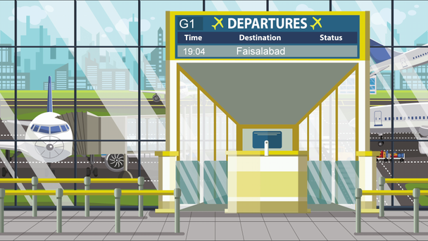 Luchthaventransport. Vertrekbord met Faisalabad tekst. Reizen naar Pakistan gerelateerde loopable cartoon animatie - Video