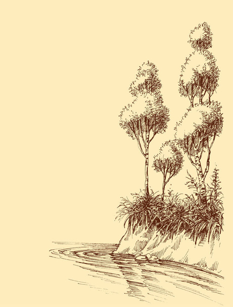 Καλλιτεχνικό σκίτσο λίμνης ή όχθης ποταμού. Φυσικό τοπίο backgroun - Διάνυσμα, εικόνα