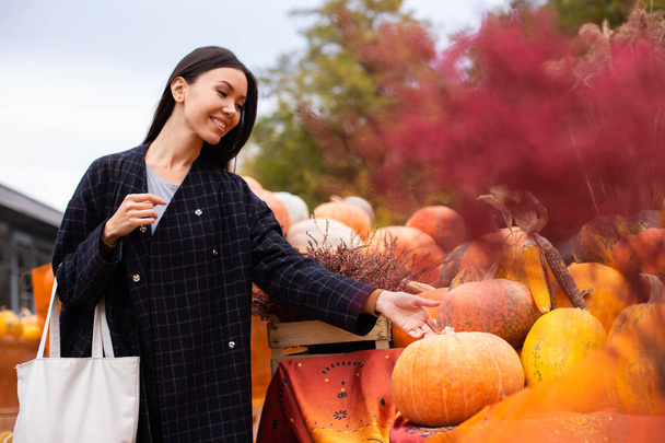 Mladá krásná ležérní žena na farmě obchod radostně hledá dýně pro Halloween den venku - Fotografie, Obrázek