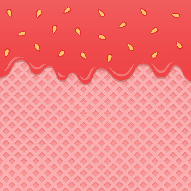 Pink wafer background with flowing strawberry jam. - Vector, Image