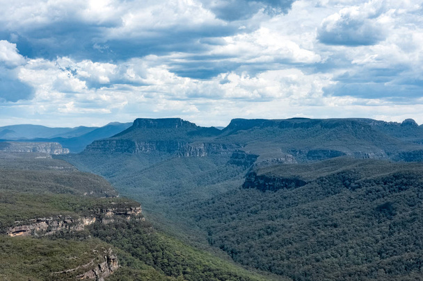 Een weelderig en dicht bos bedekt de uitgestrekte valleien rond Mt Bushwalker op een bewolkte dag in Nsw Australia - Foto, afbeelding