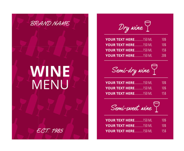 Czerwony wzór menu wina z butelki i szklanki wzór. Układ wektora z przykładowym tekstem. Standardowy rozmiar skalowany (8,5 * 14 cali) - Wektor, obraz