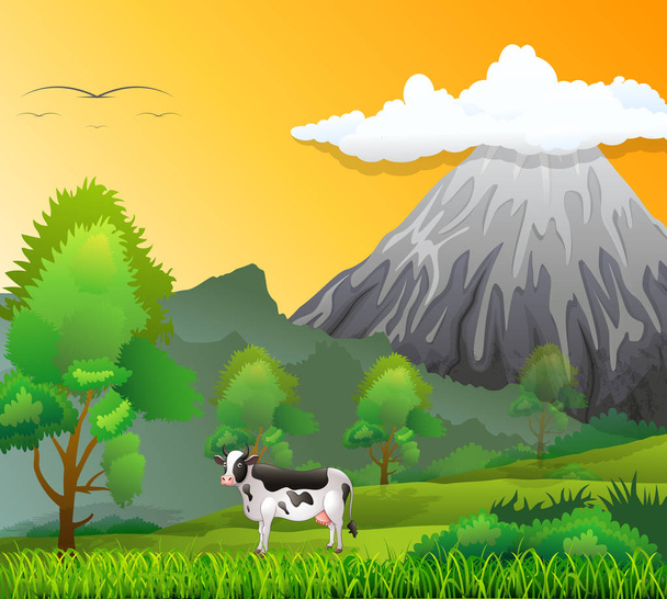 Vaca de dibujos animados típico paisaje verde tranquilo alrededor
 - Vector, Imagen