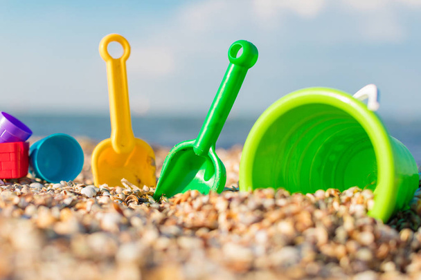 Children's set for game with sand on the seashore - Фото, изображение