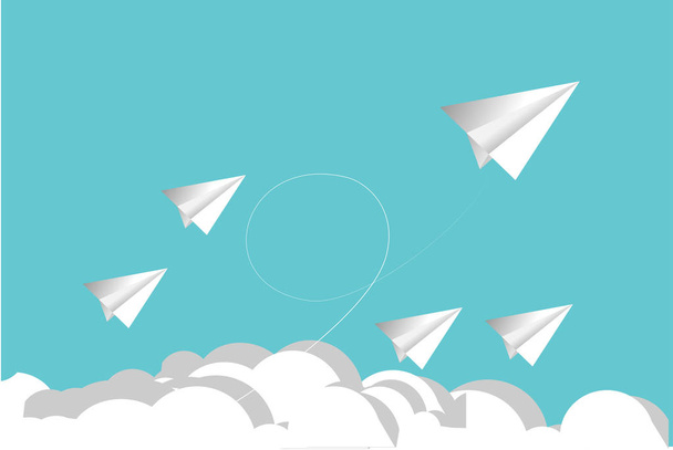 Paper plane on blue sky and cloud background. Creative concept idea of business success and leadership in paper craft art style design . - Photo, Image