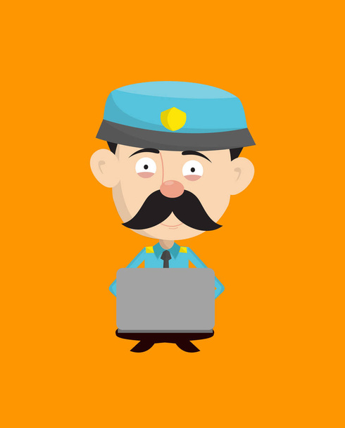 Funny Policeman Cop - Sitting and Working on Laptop - Vector, Image