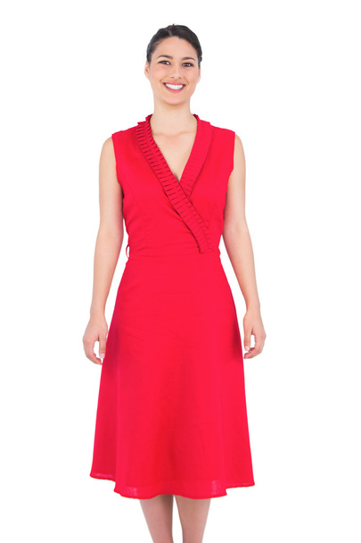 Cheerful elegant brunette in red dress posing - Fotó, kép