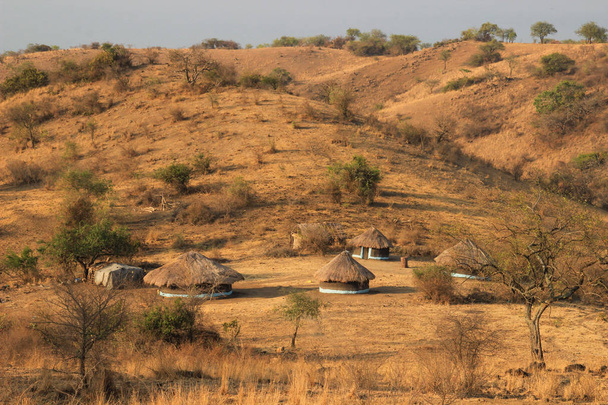 Una aldea tradicional africana pobre en Uganda hecha de chozas redondas de barro y techos de paja
. - Foto, Imagen