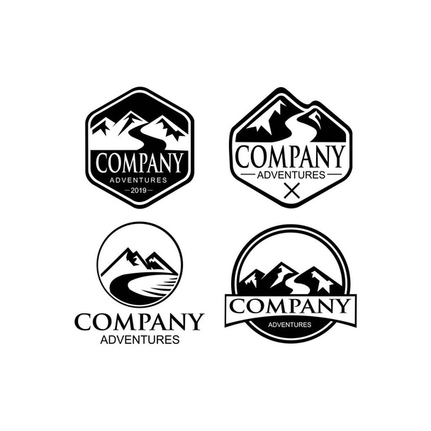 macera ve açık hava klasik logo şablonu, rozet veya amblem tarzı, doğa manzarası vintage logo tasarım sembolü çizim sembolü dağ macerası açık hava aktiviteleri metin zirvesi - Vektör, Görsel