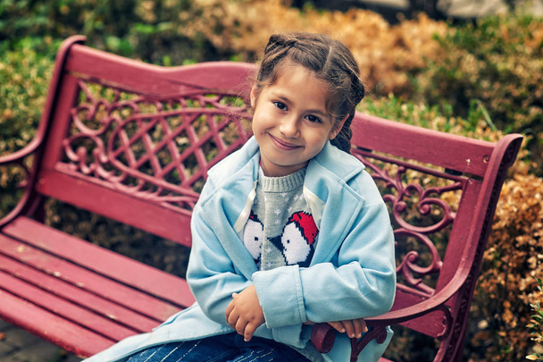 Πορτρέτο ενός μικρού κοριτσιού σε μια φθινοπωρινή μέρα. Το παιδί φοράει παλτό. . - Φωτογραφία, εικόνα