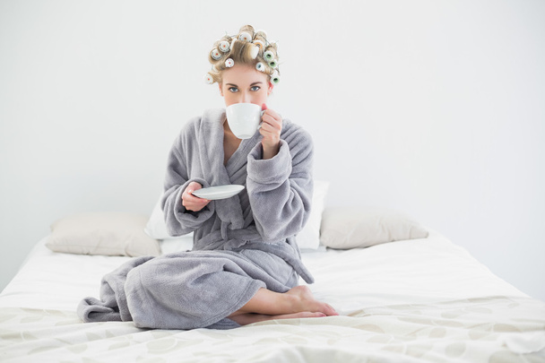Attractive relaxed blonde woman in hair curlers drinking coffee - 写真・画像