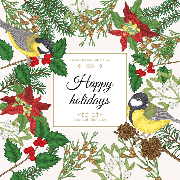 Christmas card with birds and trees. Hand drawn tits, spruce, holly, mistletoe, poinsettia. Vector illustration. Colorful engraving style. - Vector, Image