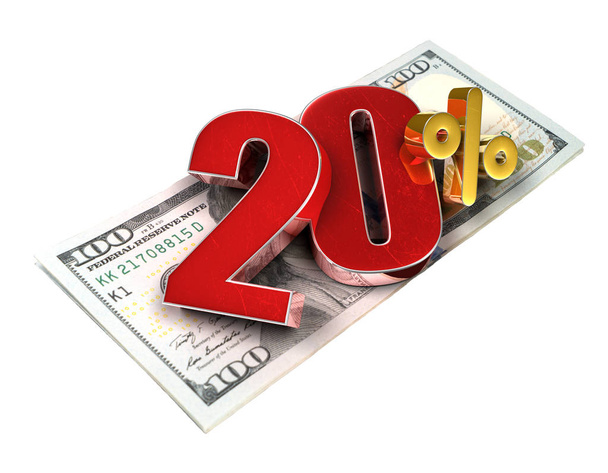 Beyaz arka planda bir dolar banknotuna yerleştirilen yüzde 20 'lik 3D görüntüleme. (Kırpma Yolu ile). - Fotoğraf, Görsel